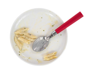 Finished pasta meal on plate with spoon