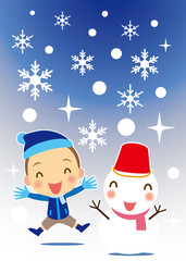 雪ダルマと男の子