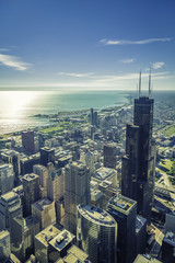 Naklejka premium Wschód słońca nad Chicago finansowych widok z lotu ptaka