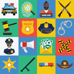 Vector flat icons set of police symbols