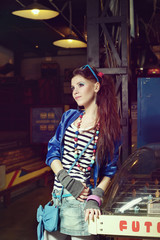 Young woman in USSR 80s style and bright makeup