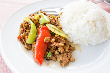 Fried basil leave  on rice.