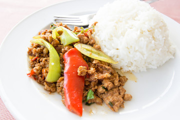 Fried basil leave  on rice.