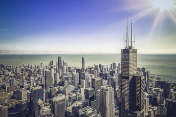 Sunrise over Chicago financial district- aerial view