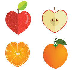 Shape of heart. love orange and apple vector illustration set. 