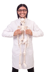 Funny teacher with skeleton isolated on white