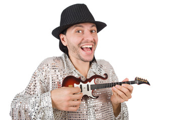 Fototapeta na wymiar Man with small guitar in funny musical concept