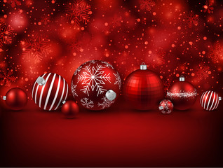 Red background with christmas balls.
