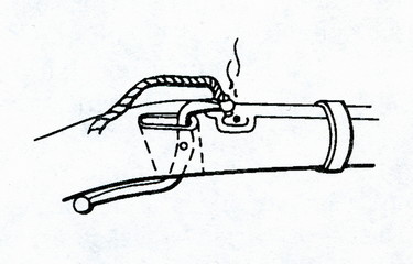 Primitive matchlock (serpentine lock) with burning match - obrazy, fototapety, plakaty