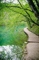 Fototapeta premium Wooden path and waterfall in Plitvice National Park, Croatia