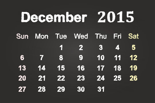 December Month 2015 Calendar On Blackboard