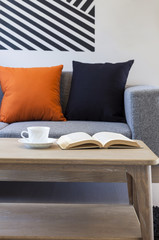 Living room with sofa pillows coffee book and wooden table