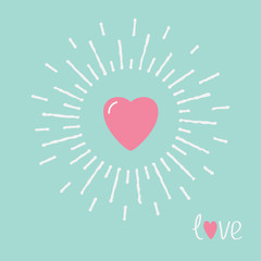 Big pink shining heart and word love. Flat design