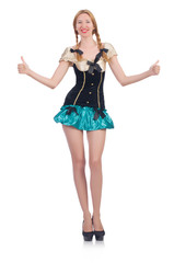 Woman giving thumbs up isolated on white