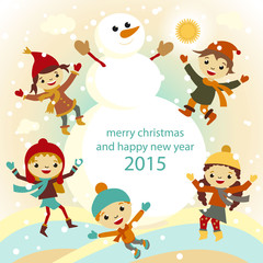 Fototapeta na wymiar Christmas Greeting Card Kids, Snow and Snowman vector