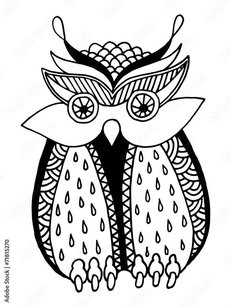 Wall mural original artwork of owl, ink hand drawing in ethnic style