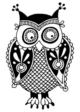 original artwork of owl, ink hand drawing in ethnic style