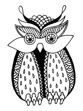 original artwork of owl, ink hand drawing in ethnic style