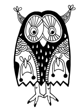 original artwork of owl, ink hand drawing in ethnic style