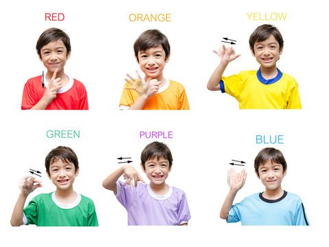 Color kid hand sign language on white background