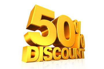 3D render gold text 50 percent discount.