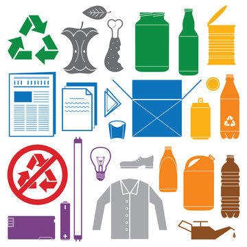 vector solid colors recycling and various waste color icons