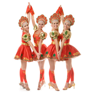 Group of beautiful girls in traditional russian costume isolated
