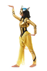 Young girl dressed in Egyptian costume isolated on white backgro