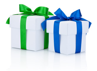 Two White boxs tied blue and green ribbons bow Isolated on white