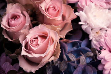Light-pink roses in a bouquet closeup from above