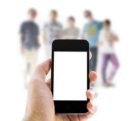 hand holding phone on people background