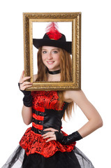 Fototapeta premium Woman pirate with picture frame isolated on white