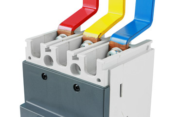 Copper Busbar Connection Circuit Breaker isolated on white backg