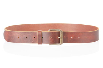 Brown leather belt with buckle on white, clipping path
