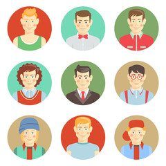 Set of boys avatar faces in flat style