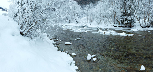 Winter mountain river panorama.
