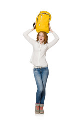Woman with backpack isolated on white