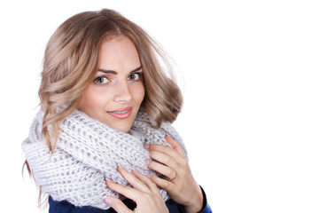 beautiful girl model in stylish knitted scarf, studio shooting