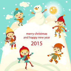 Happy kids playing with snow retro christmas card. Vector