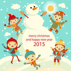 Fototapeta premium Happy kids playing with snow retro christmas card. Vector