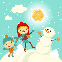 Obraz na płótnie Canvas Happy kids playing with snow retro christmas card. Vector