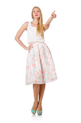 Naklejka premium Woman pressing virtual button isolated on white