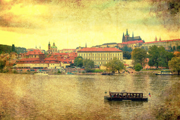 Vintage style panorama of old Prague, Czech Republic