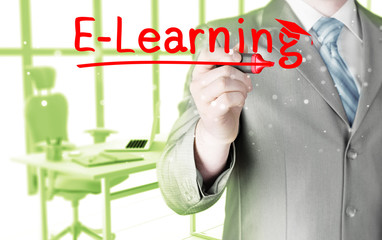 business man writing e-learning concept