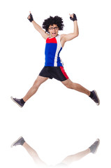 Funny man exercising isolated on white