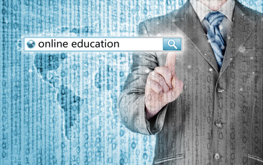 Online education written in search bar on virtual screen.