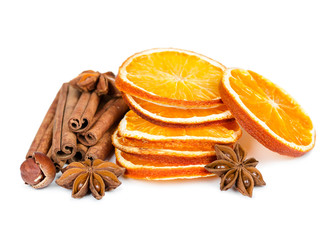 Slices of dried orange, cinnamon and star anise