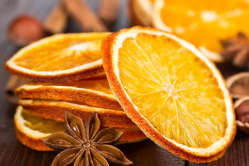 Slices of dried orange, cinnamon and star anise