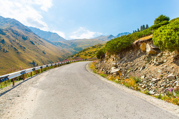 Road on Big Almaty Lake, nature green mountains
