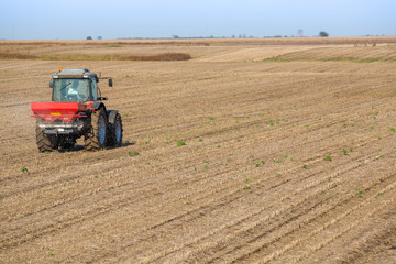 Obraz premium Farmer fertilizing soybean residues field with npk fertilizer